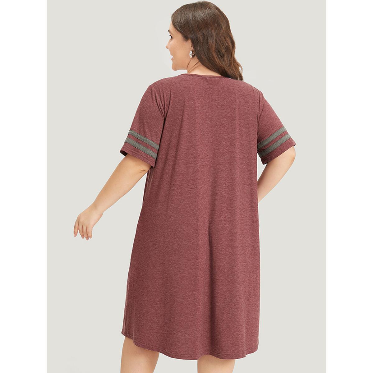 Plus Size Striped Patchwork Pocket Crew Neck Dress Scarlet Women Casual Patchwork Round Neck Short sleeve Curvy Midi Dress BloomChic 10/M Product Image