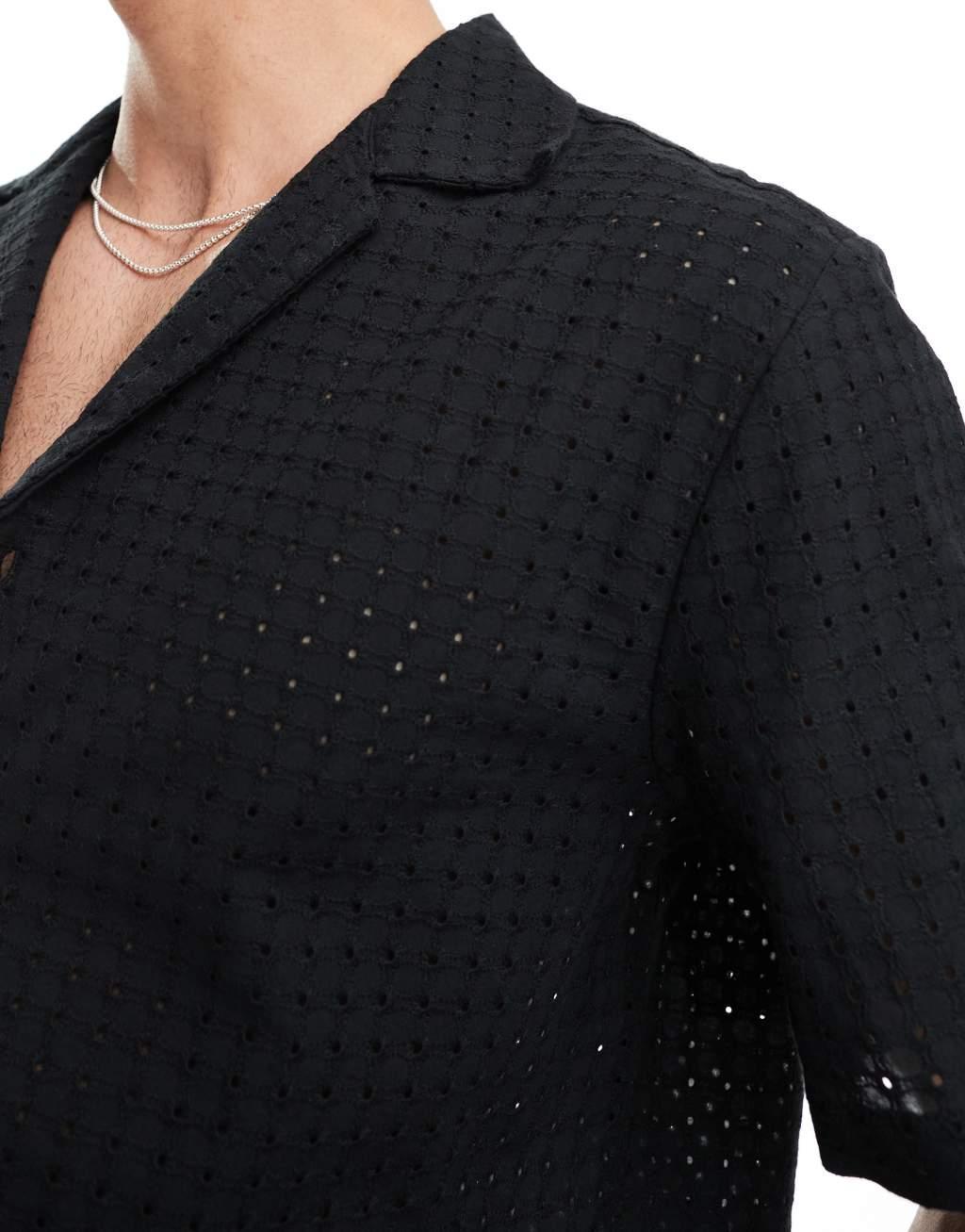 ASOS DESIGN relaxed revere collar broderie shirt in black - part of a set Product Image