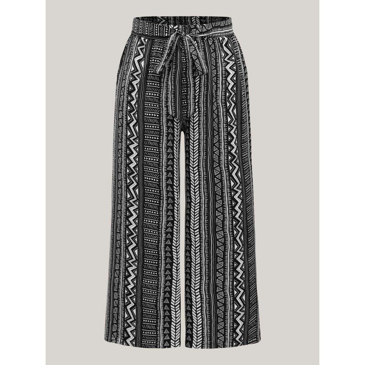 Plus Size Waist-Tie Wide-Leg Boho Print Pants Women Black Casual Wide Leg Mid Rise Everyday-Casual Pants BloomChic 12/L Product Image