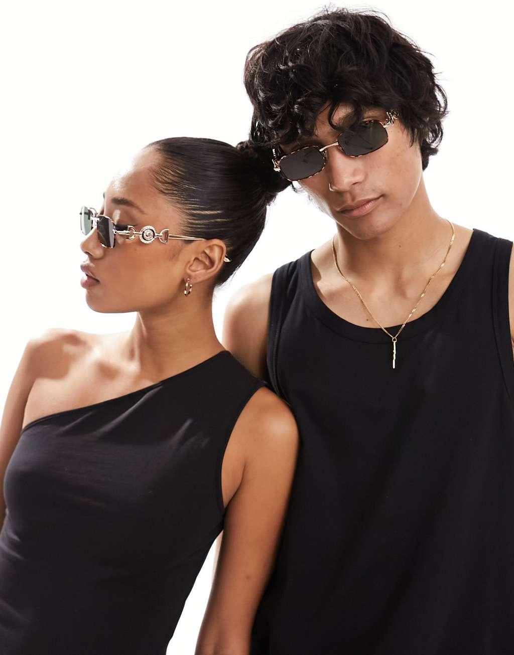 Reclaimed Vintage unisex 90s rectangle wire sunglasses in tort Product Image