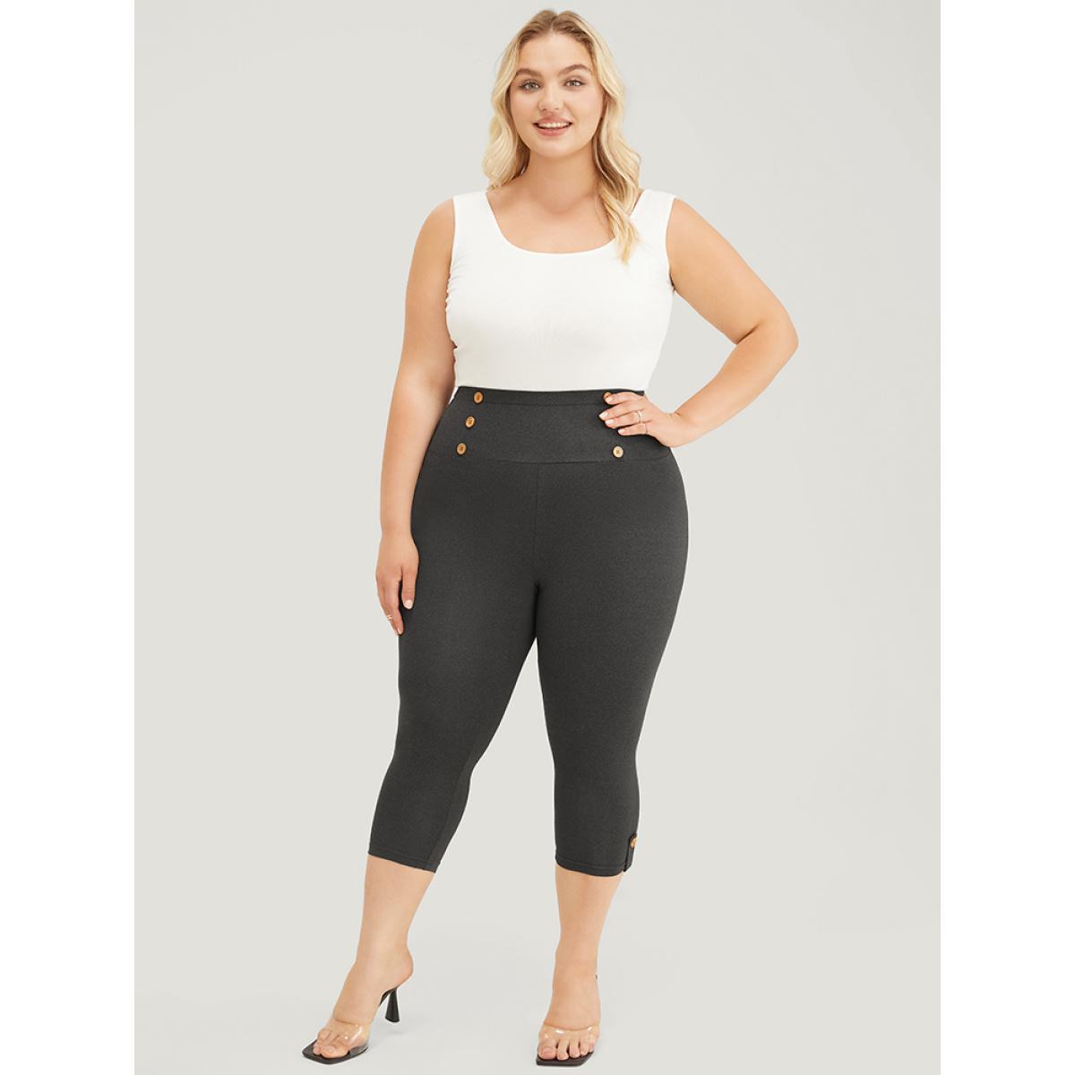 Plus Size Wideband Waist Skinny Button Detail Leggings Women DimGray Casual Medium stretch Skinny High Rise Dailywear Leggings BloomChic 26/4X Product Image
