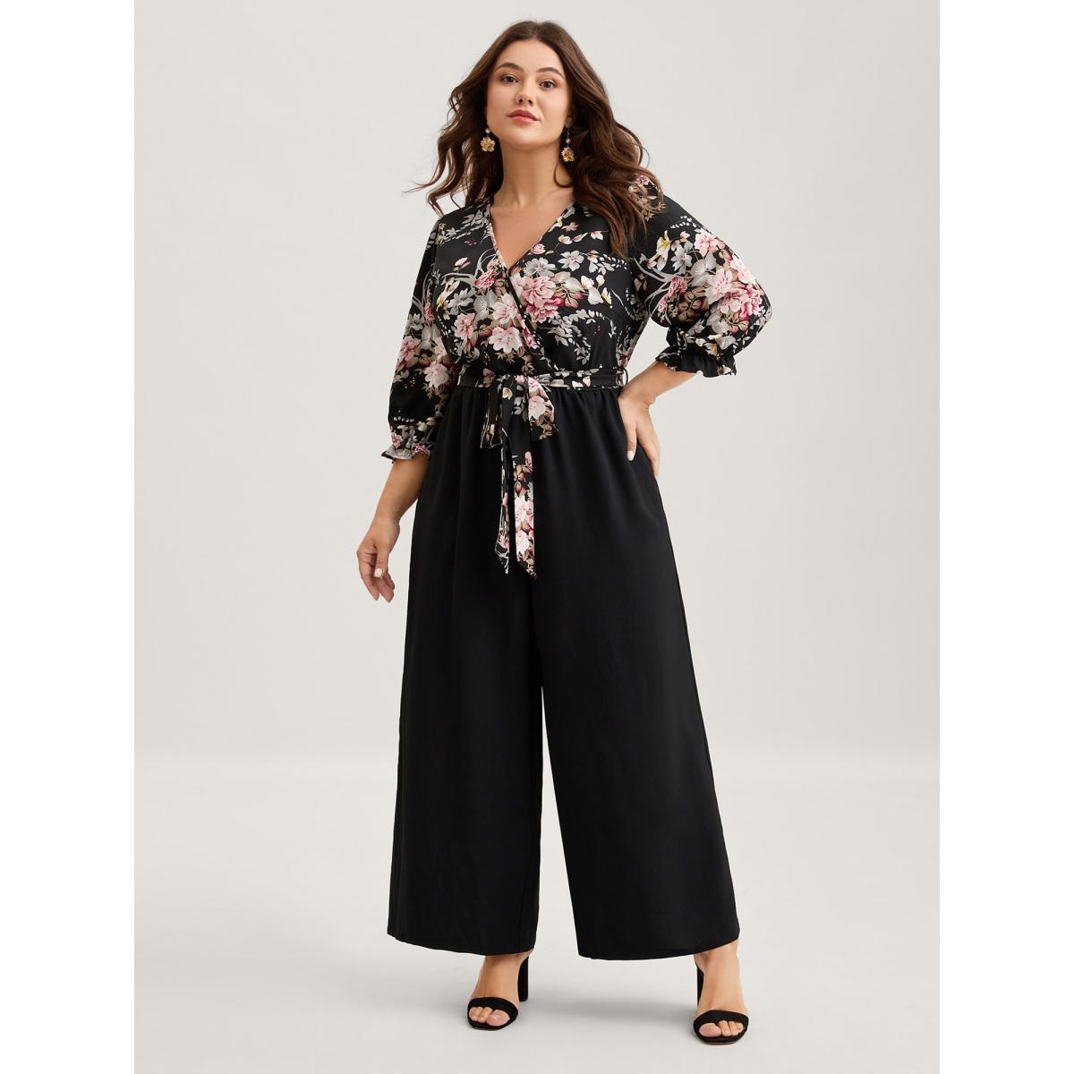 Plus Size Black Floral Contrast Belted Wide-Leg Jumpsuit Women Elbow-length sleeve Overlap Collar Everyday-Elegant Loose Jumpsuits BloomChic 14-16/1X Product Image