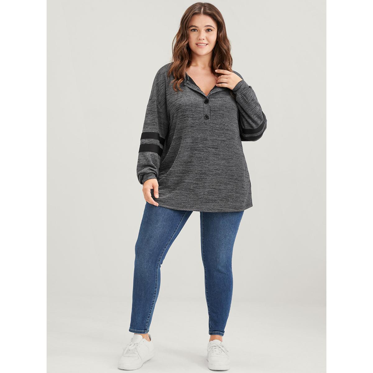 Plus Size Plain Contrast Button Up Round Neck Sweatshirt Women DimGray Casual Contrast Round Neck Dailywear Sweatshirts BloomChic 28/5X Product Image