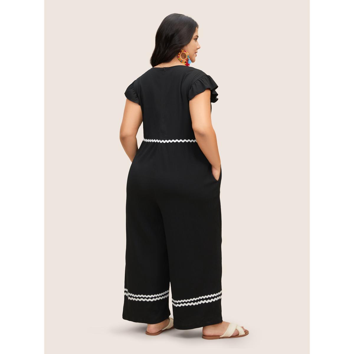 Plus Size Black Contrast Webbing Ruffle Cap Sleeve Jumpsuit Women Resort Cap Sleeve V-neck Vacation Loose Jumpsuits BloomChic 22-24/3X Product Image