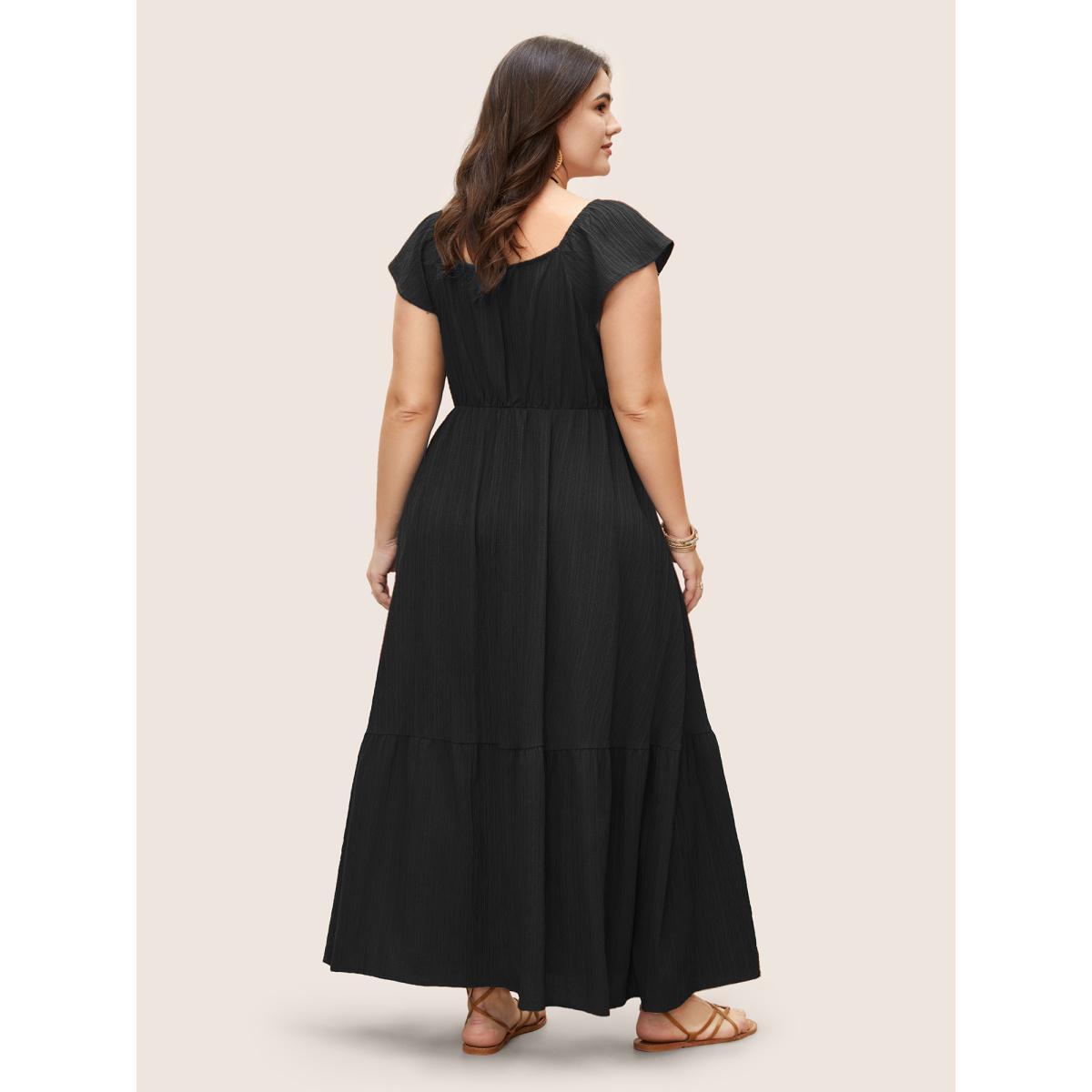 Plus Size Texture Drawstring Tie Knot Tassels Dress Black Women Resort Tie knot V-neck Cap Sleeve Curvy BloomChic 10/M Product Image