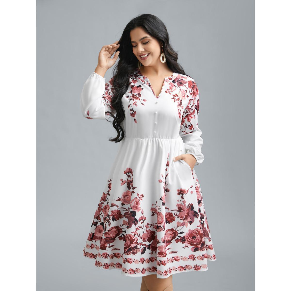 Plus Size Boho Print Lantern Sleeve Button Detail Dress Rosered Women Resort Button Flat collar with V-notch Long Sleeve Curvy BloomChic 22-24/3X Product Image