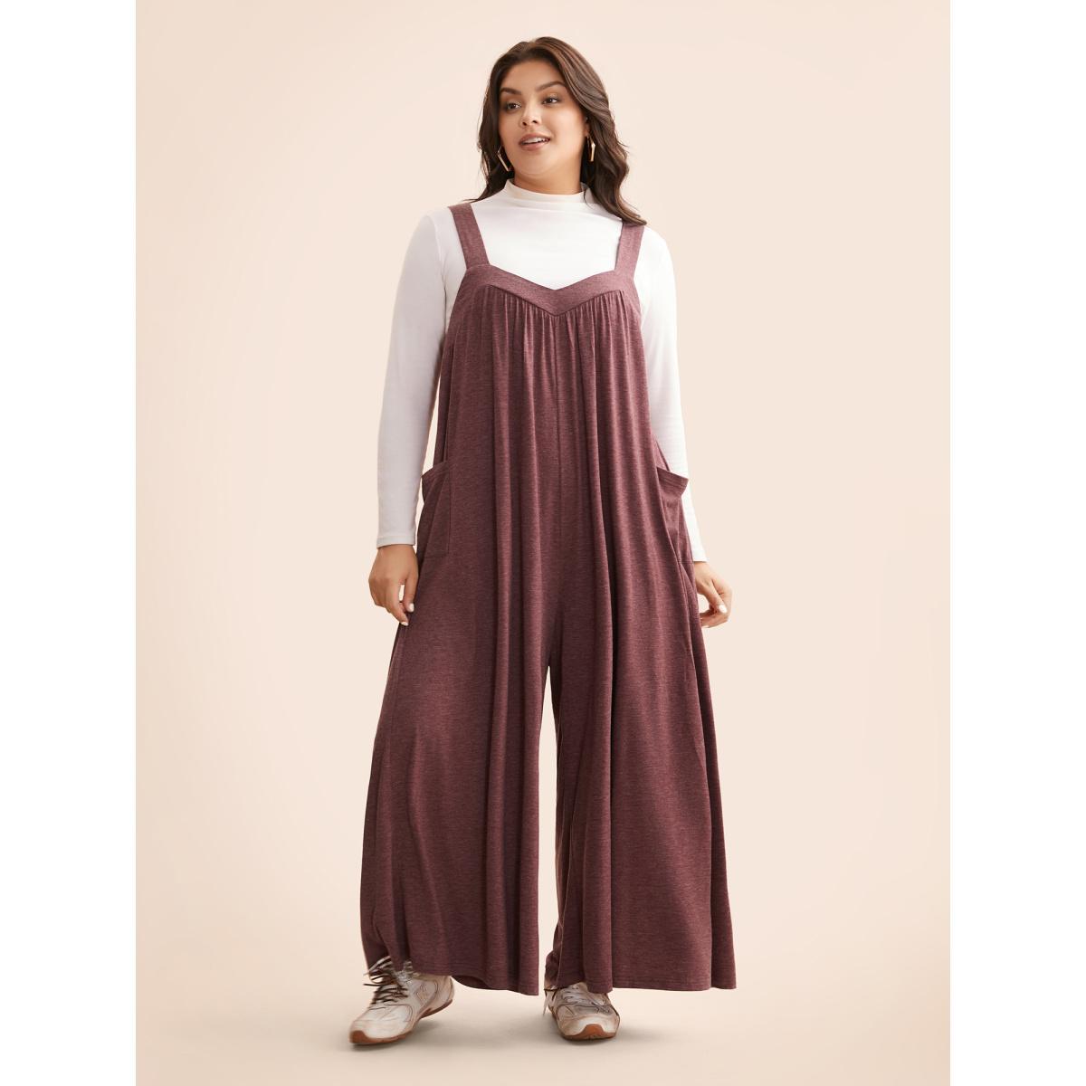 Plus Size Burgundy Heather Gathered Loose-Fit Jumpsuit Women Casual Sleeveless Heart neckline Everyday Loose Jumpsuits BloomChic 26/4X Product Image