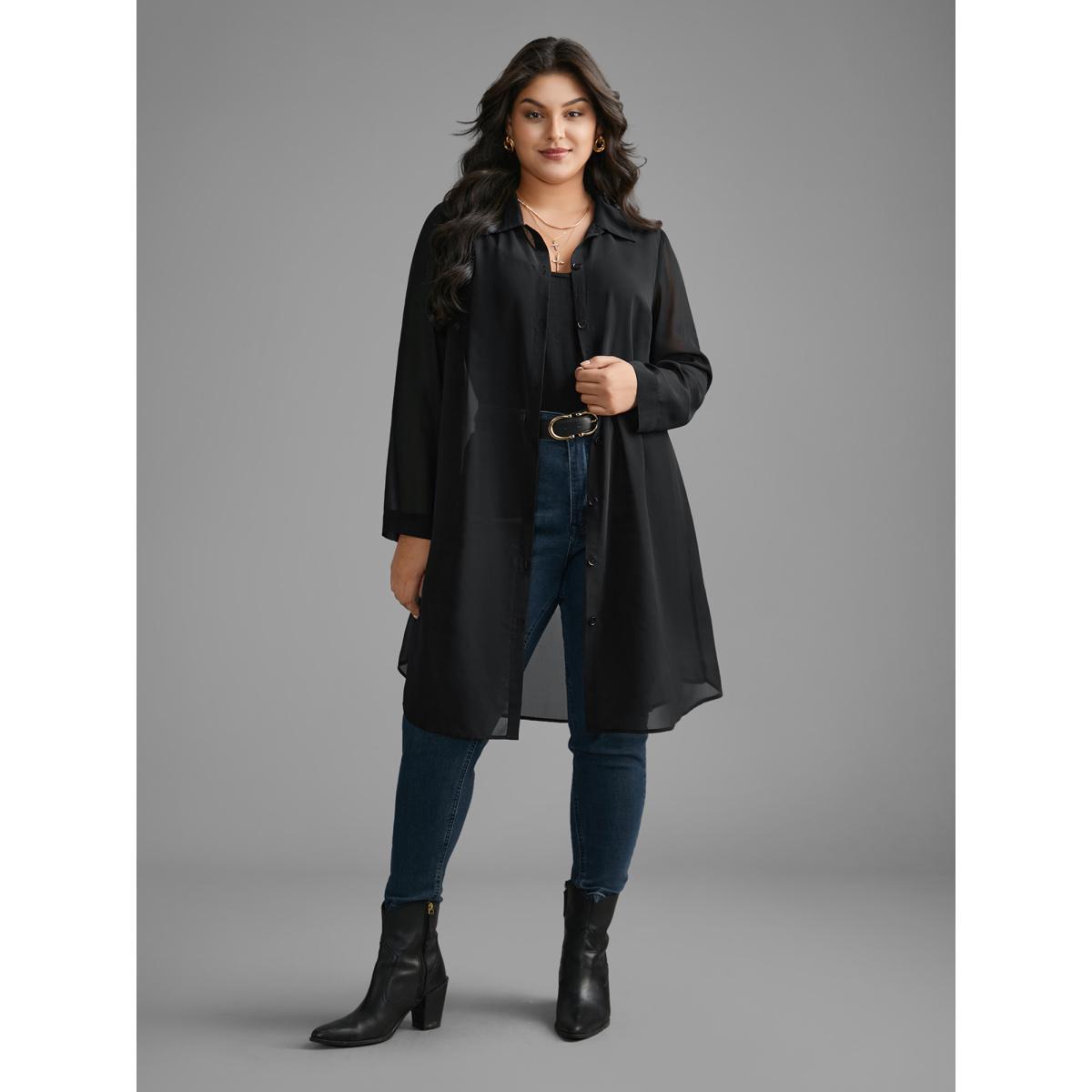 Plus Size Black Chiffon Mesh Pleated Tunic Blouse Women Elegant Long Sleeve Shirt collar Everyday Blouses BloomChic 28/5X Product Image