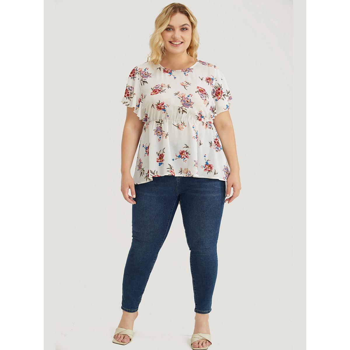 Plus Size White Floral Print Round Neck Ruffles High Low Hem Blouse Women Elegant Short sleeve Round Neck Dailywear Blouses BloomChic 28/5X Product Image