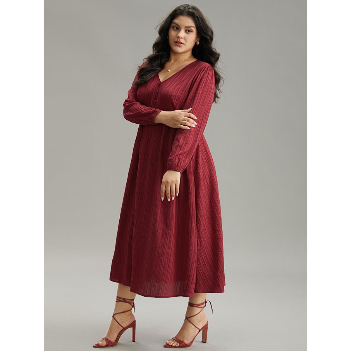 Plus Size Solid Plisse Button Detail Shirred Dress Scarlet Women Elegant Elastic cuffs V-neck Long Sleeve Curvy Midi Dress BloomChic 14-16/1X Product Image