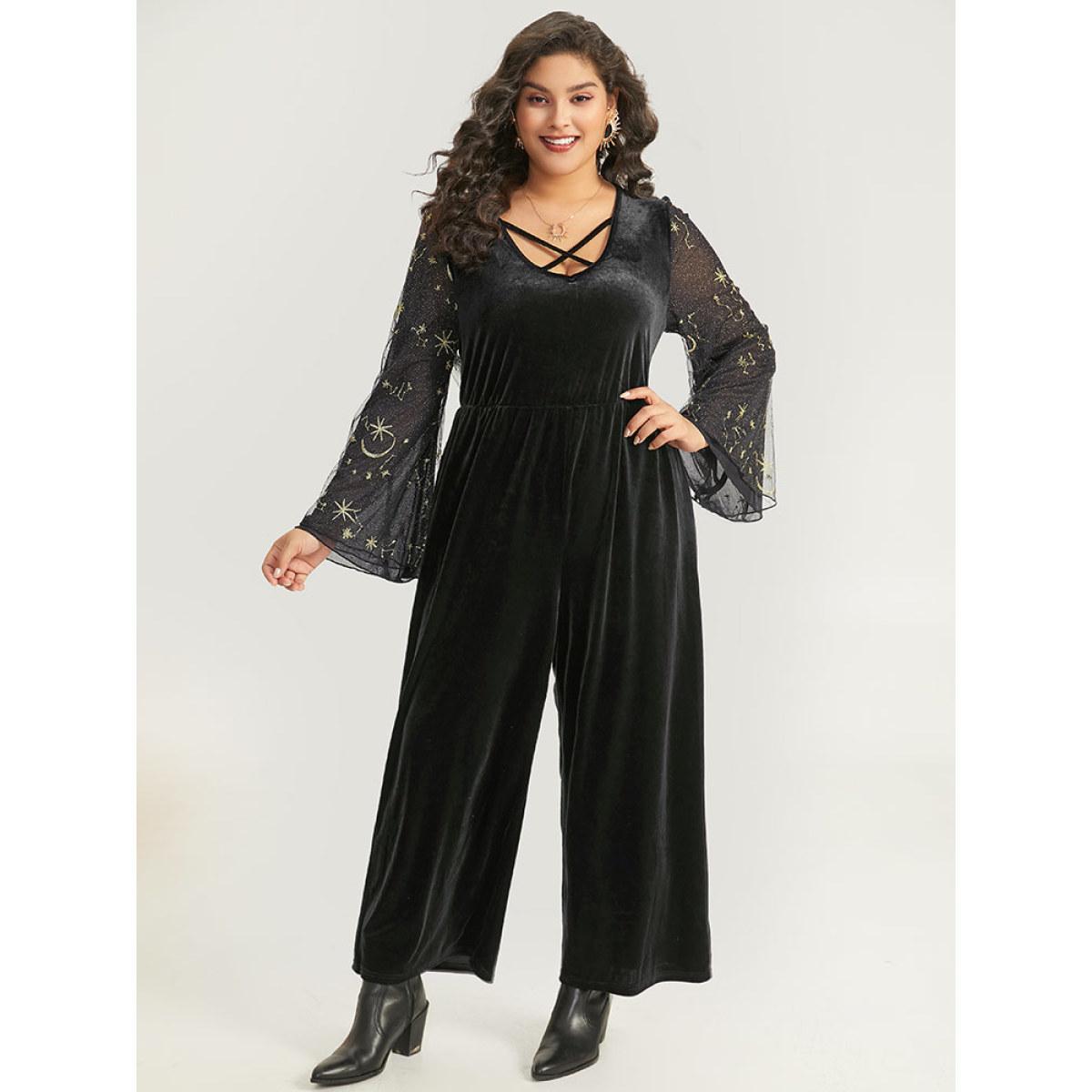 Plus Size Black Halloween Moon & Star Glitter Mesh Crisscross Neck Jumpsuit Women Elegant Long Sleeve Square Neck Festival-Halloween Loose Jumpsuits BloomChic 26/4X Product Image
