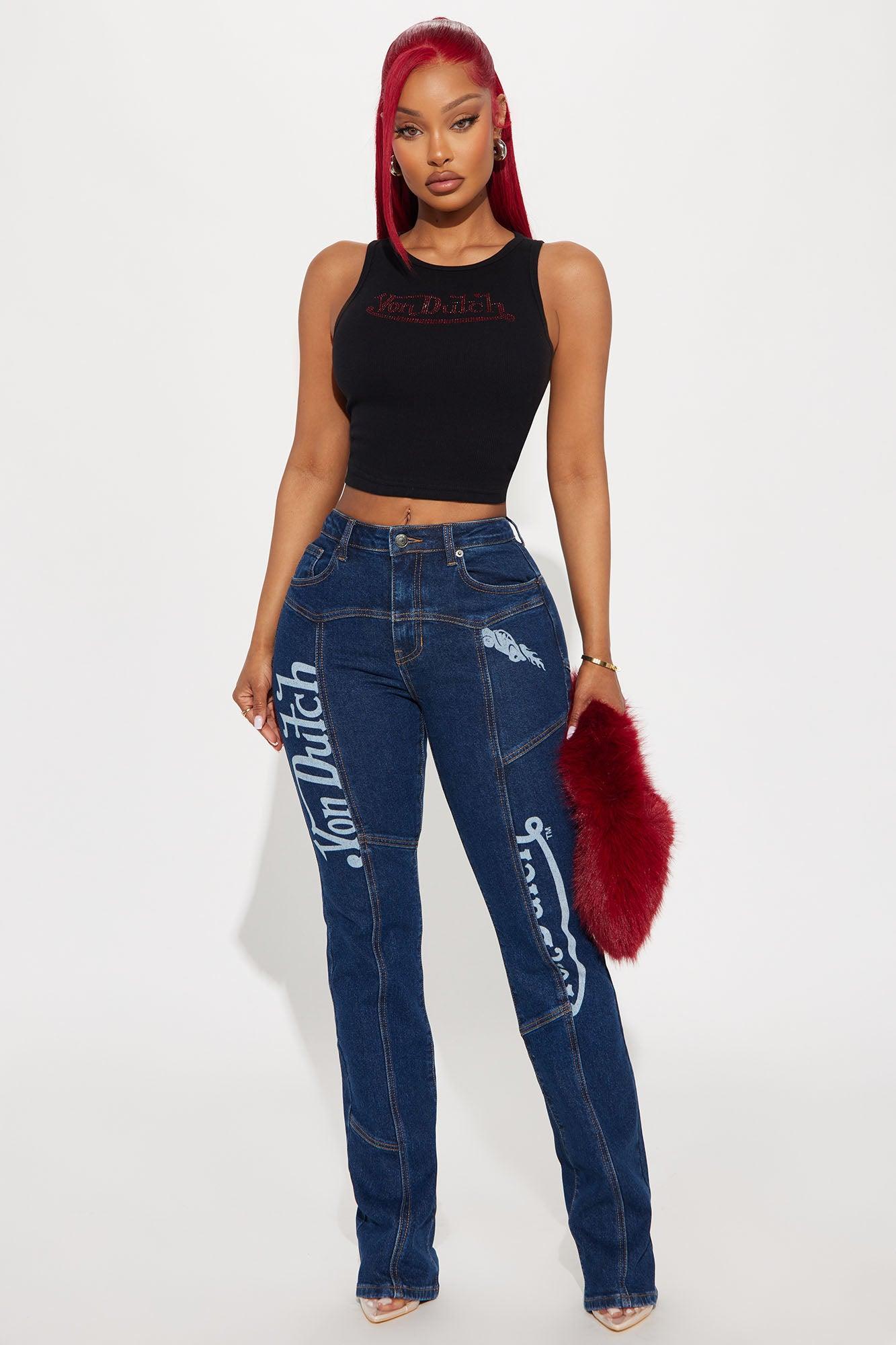 Von Dutch Rhinestone Cropped Tank Top - Black/Red Product Image