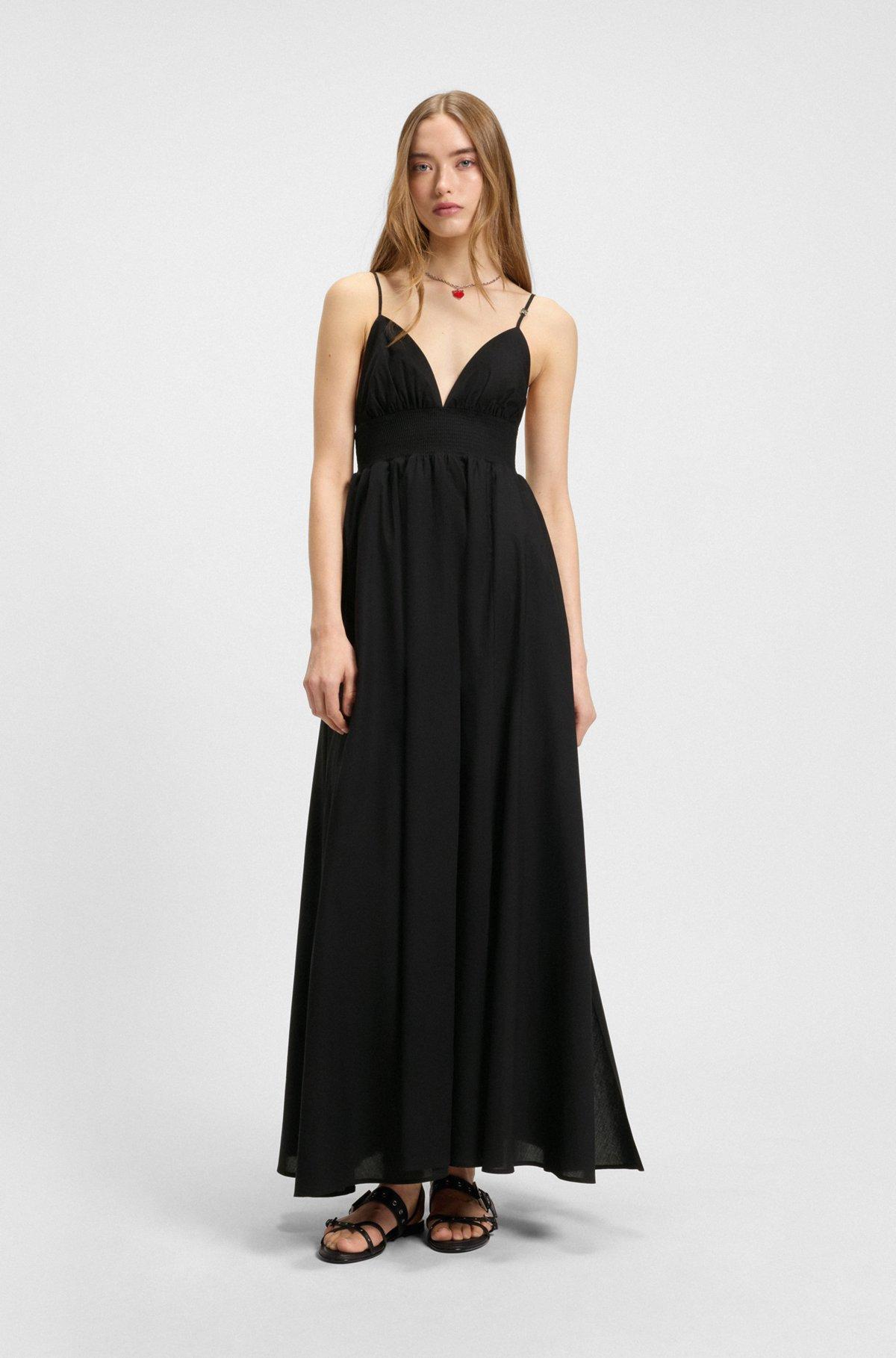 HUGO - Strappy maxi dress in lightweight cotton with smocked trim - Black Product Image