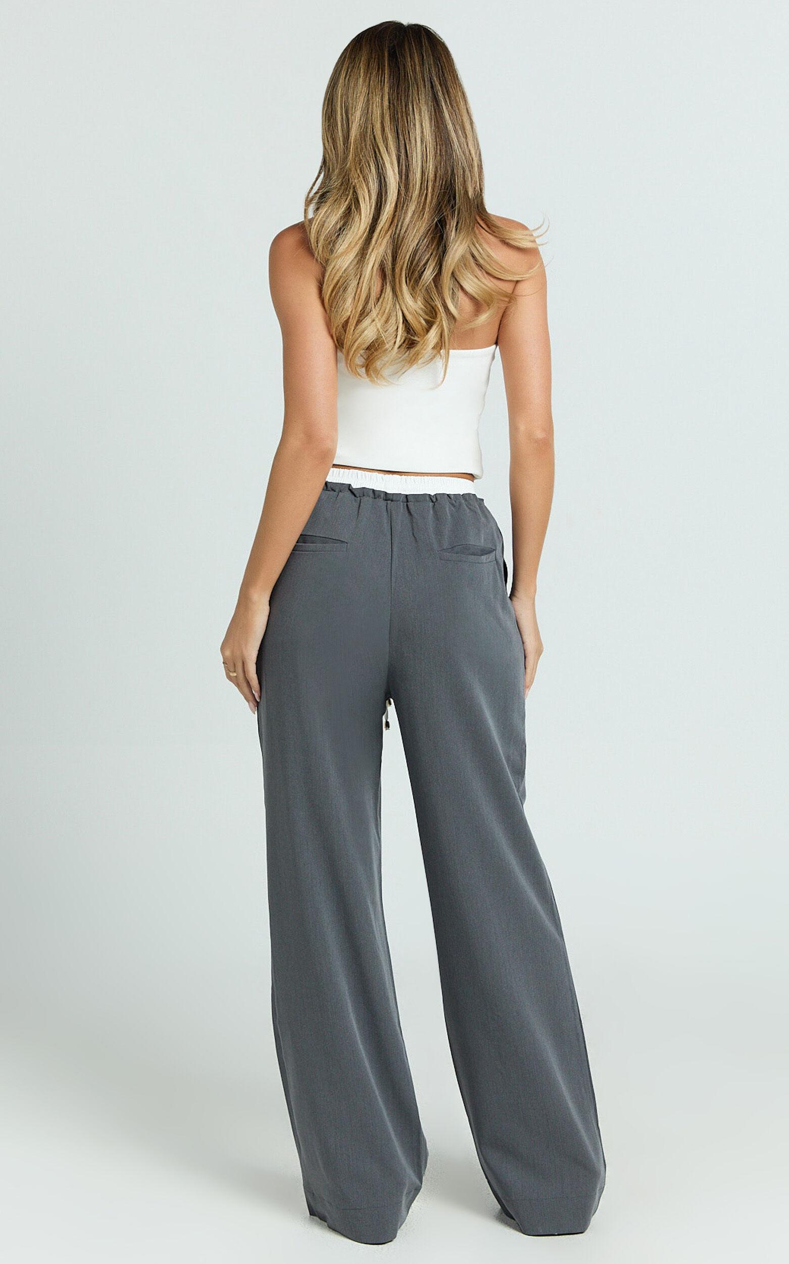 Maliha Pants - Mid Rise Contrast Elasticated Drawstring Wide Leg Tailored Pants in Charcoal Product Image