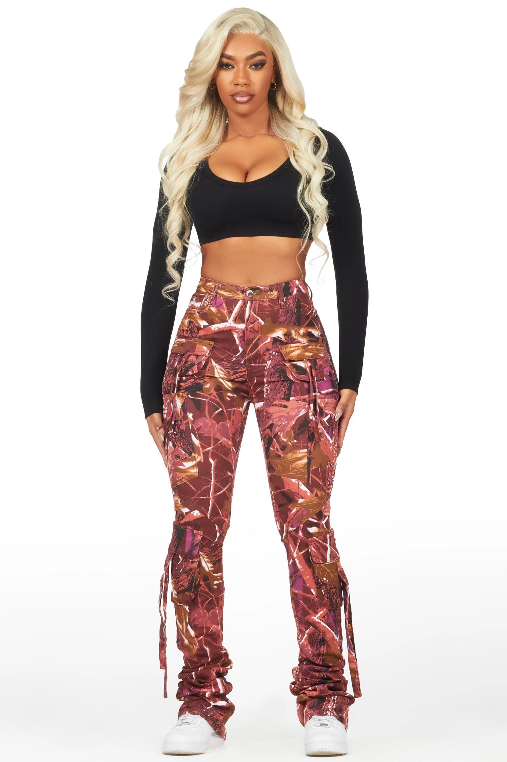 Rakesha Burgundy Tree Camo Cargo Super Stacked Jean Female Product Image