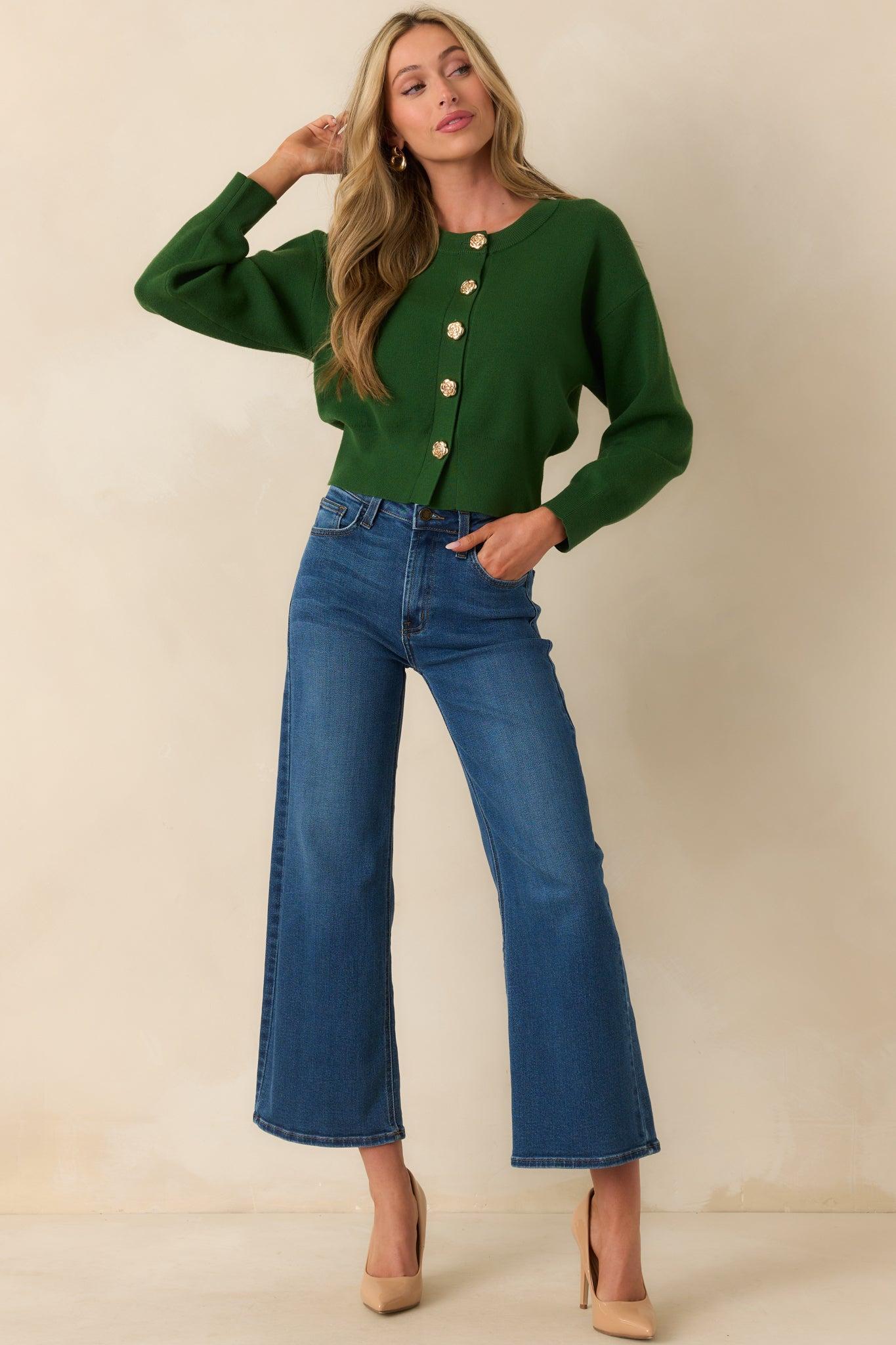 Kind Of Comforting Hunter Green Button Front Long Sleeve Cardigan Product Image