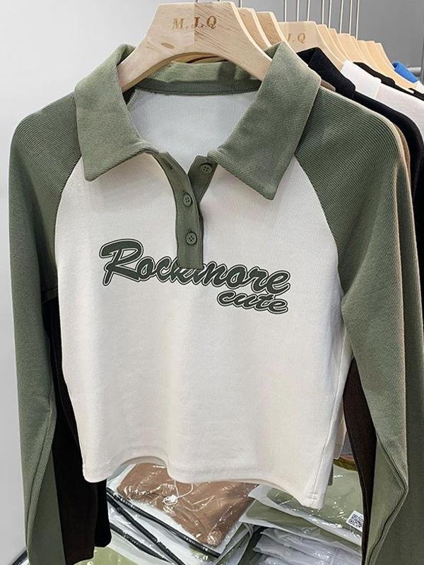 Print Raglan Polo Neck Long Sleeve Tee Product Image