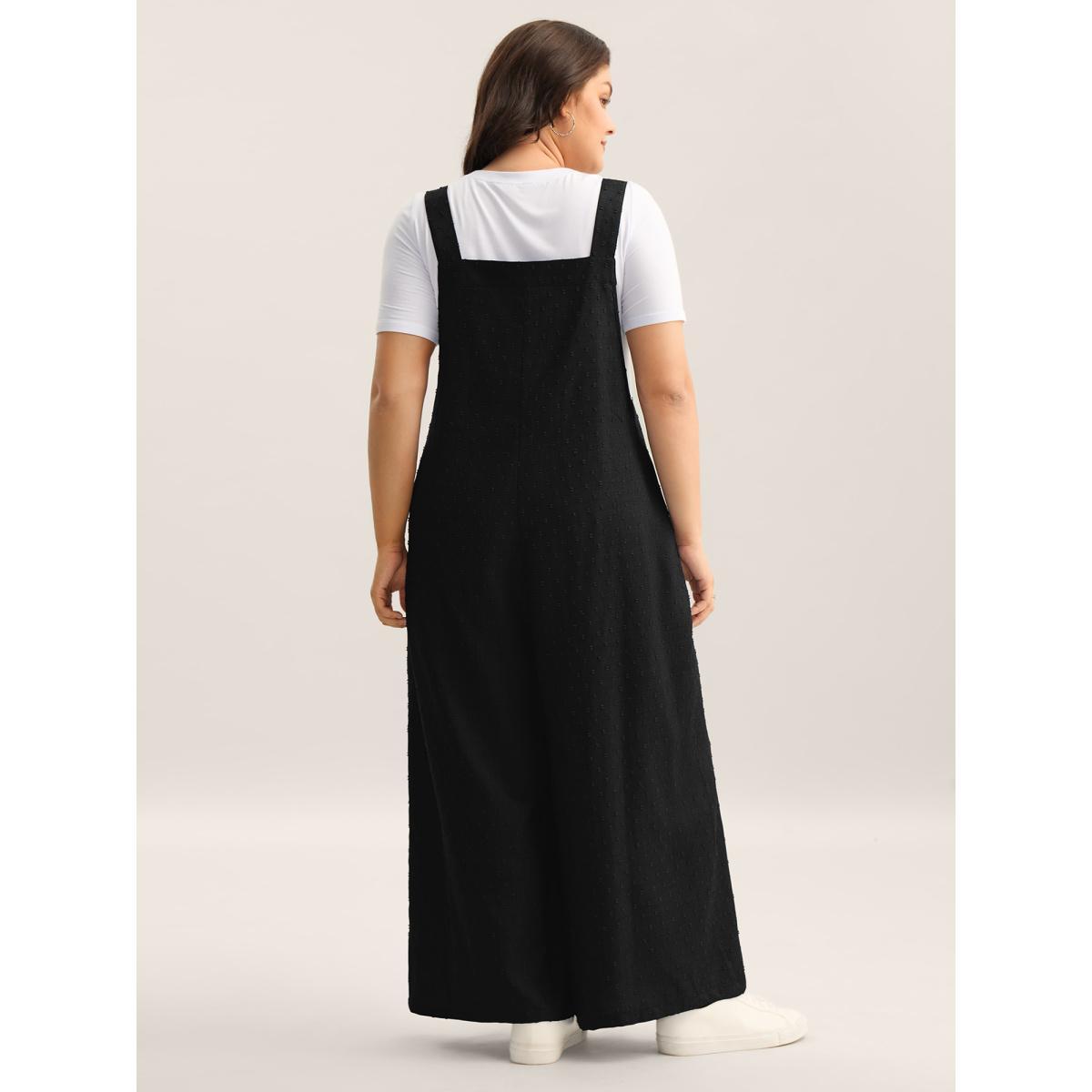 Plus Size Black Textured Plicated Detail Overall Straps Jumpsuit Women Sleeveless Square Neck Everyday-Casual Loose Jumpsuits BloomChic 30/6X Product Image