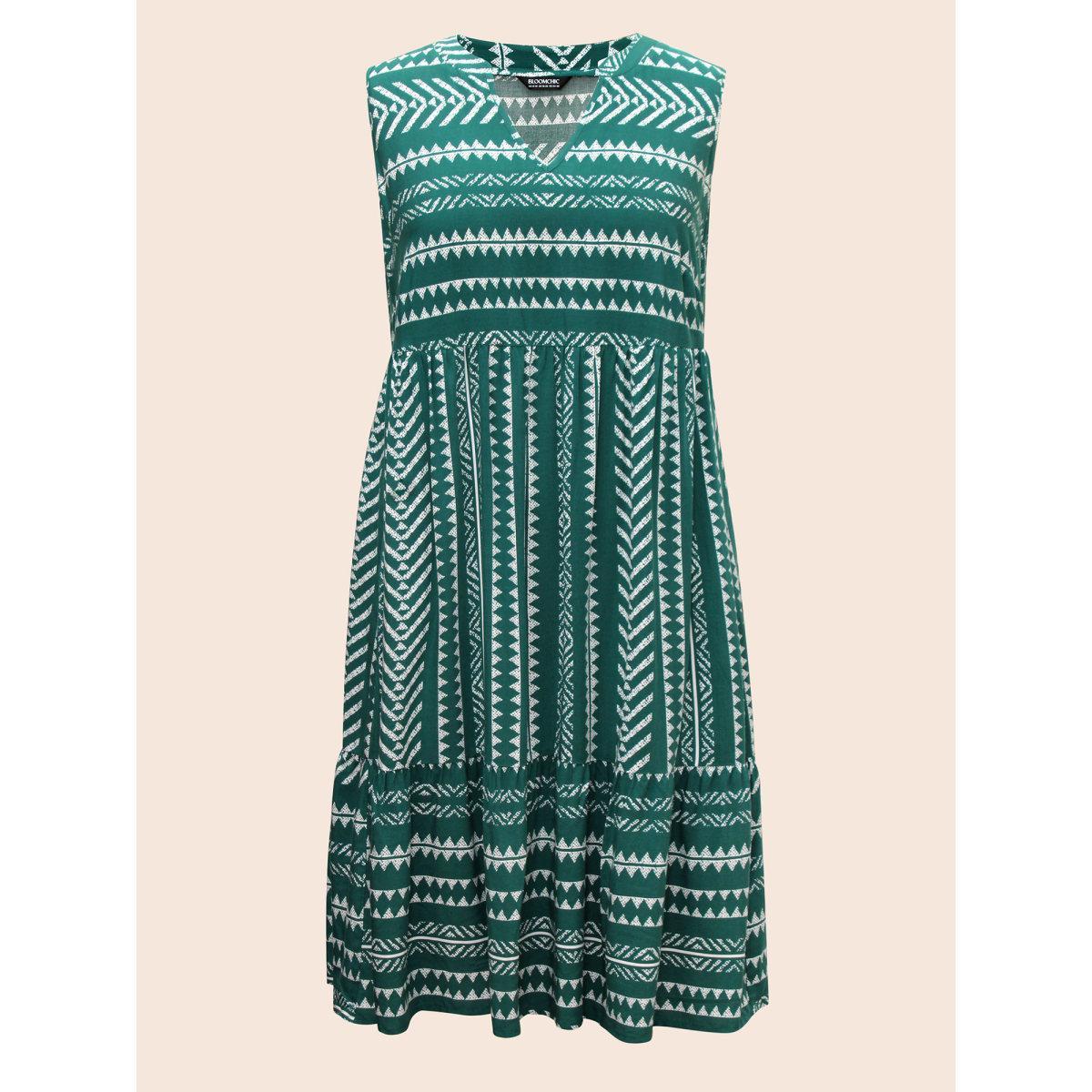 Plus Size Striped Geometric Pocket Ruffle Hem Sleeveless Tank Dress DarkGreen Women Casual Non V-neck Sleeveless Curvy BloomChic 10/M Product Image