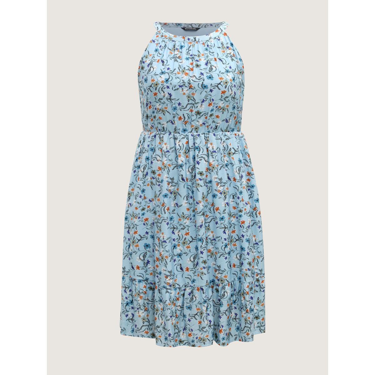 Plus Size Floral Print Halter Neck Tiered Midi Dress Stone Women Halter neck Sleeveless Curvy BloomChic 14-16/1X Product Image