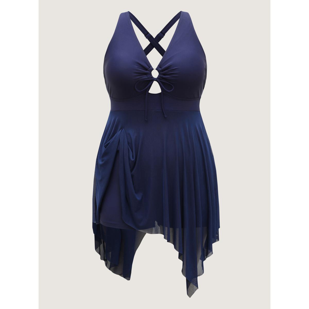 Plus Size Handkerchief Hem Keyhole Neck Swim Dress Women's Swimwear Midnight Beach Bodycon V-neck High stretch Curve Swim Dresses BloomChic 26/4X Product Image