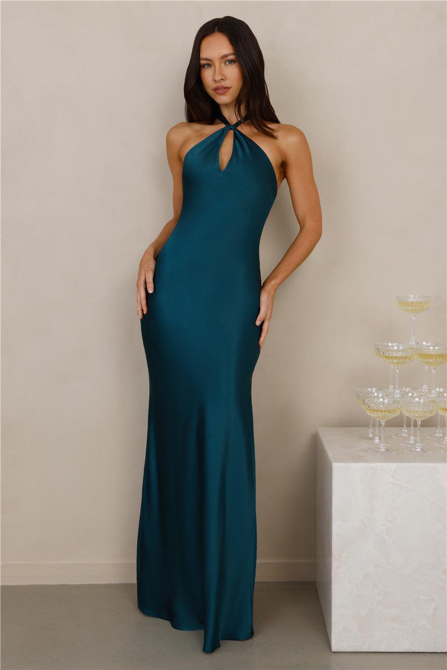 The Delilah Satin Halter Maxi Dress Teal Product Image