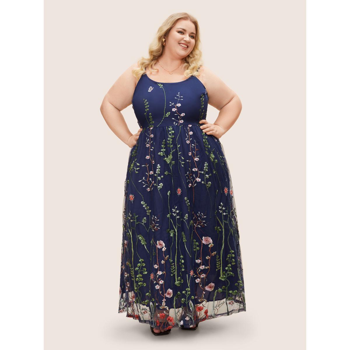 Plus Size U Neck Floral Embroidered Mesh Cami Dress DarkBlue Women Formal U-neck Sleeveless Curvy BloomChic 14-16/1X Product Image