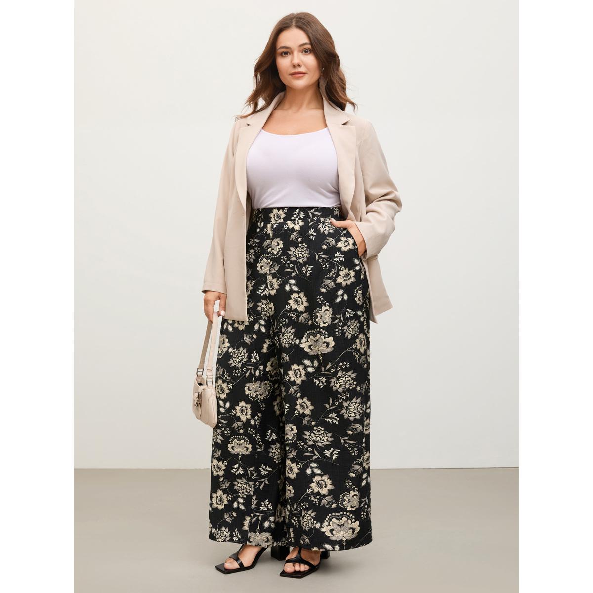 Plus Size Silhouette Floral Print Wide-Leg Pants Women BlackFlower Wide Leg Mid Rise Work Pants BloomChic 30/6X Product Image