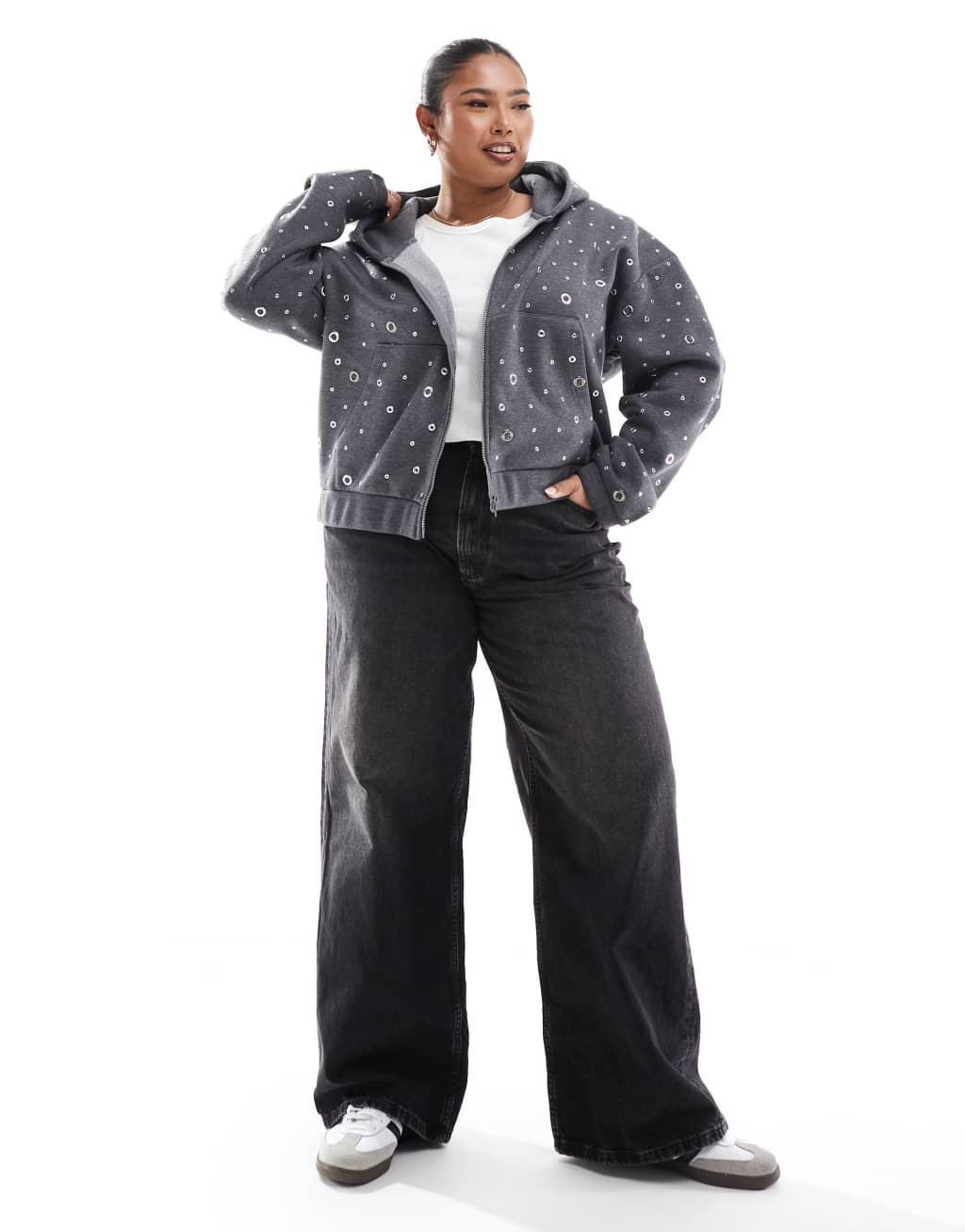 ASOS DESIGN Curve eyelet zip through hoodie in gray Product Image