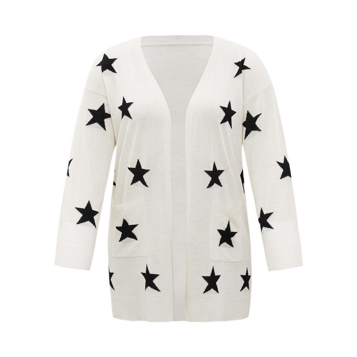 Plus Size Supersoft Essentials Star Print Pocket Open Front Cardigan Beige Women Casual Loose Long Sleeve Dailywear Cardigans BloomChic 26/4X Product Image