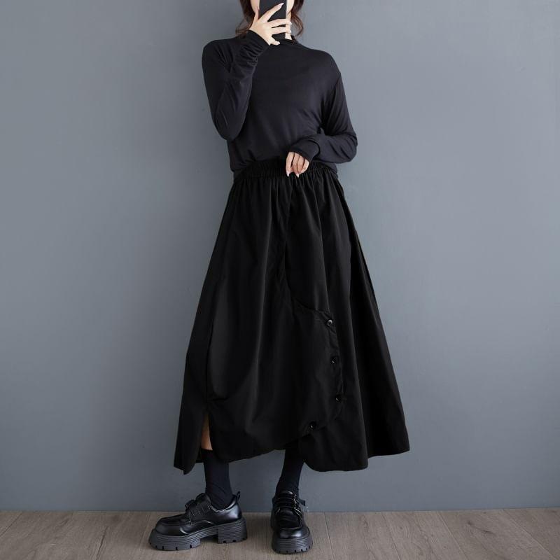 Elastic Waist Plain Asymmetrical Buttoned Slit Midi A-Line Skirt Product Image