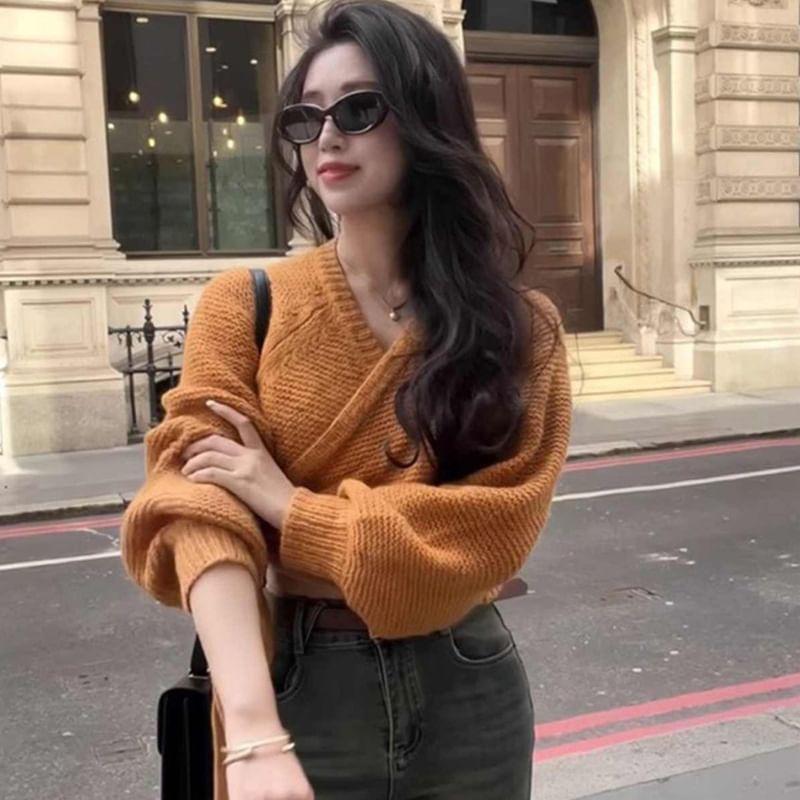 Long-Sleeve V-Neck Plain Tie-Side Crop Sweater Product Image