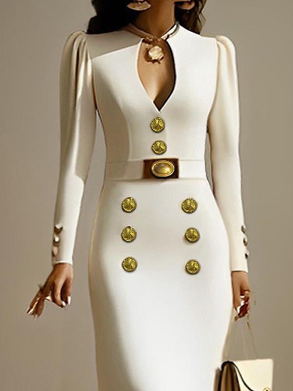 Long Sleeves Puff Sleeves Buttoned Solid Color Deep V-Neck Midi Dresses Product Image