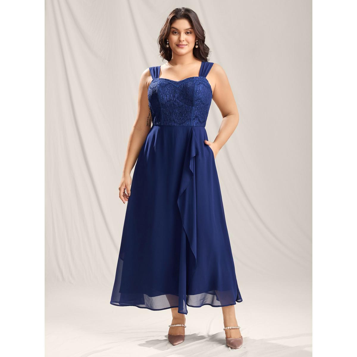 Plus Size Lace Corset Flared Hem Midi Dress Indigo Women Heart neckline Sleeveless Curvy BloomChic 22-24/3X Product Image