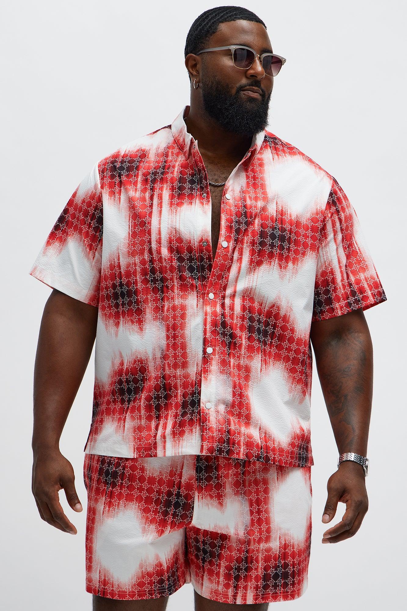 Seersucker Tie Dye Printed Closed Collar Shirt - Red/combo Product Image