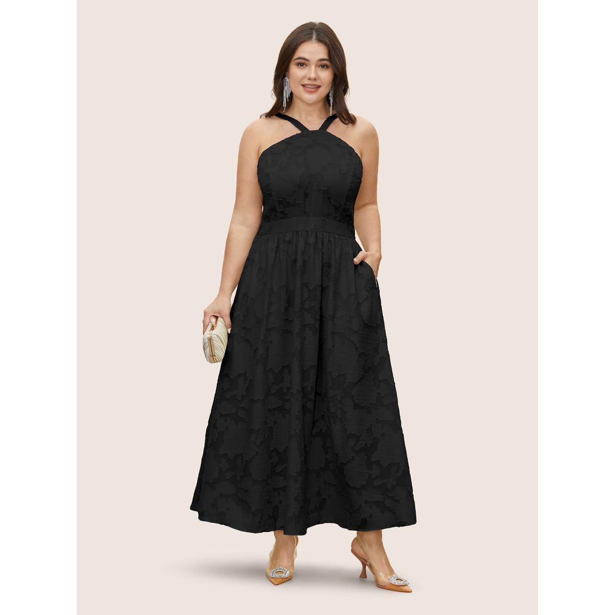 Plus Size Abstract Textured Shirred Pocket Dress Black Women Formal Non Sleeveless Curvy BloomChic 22-24/3X Product Image