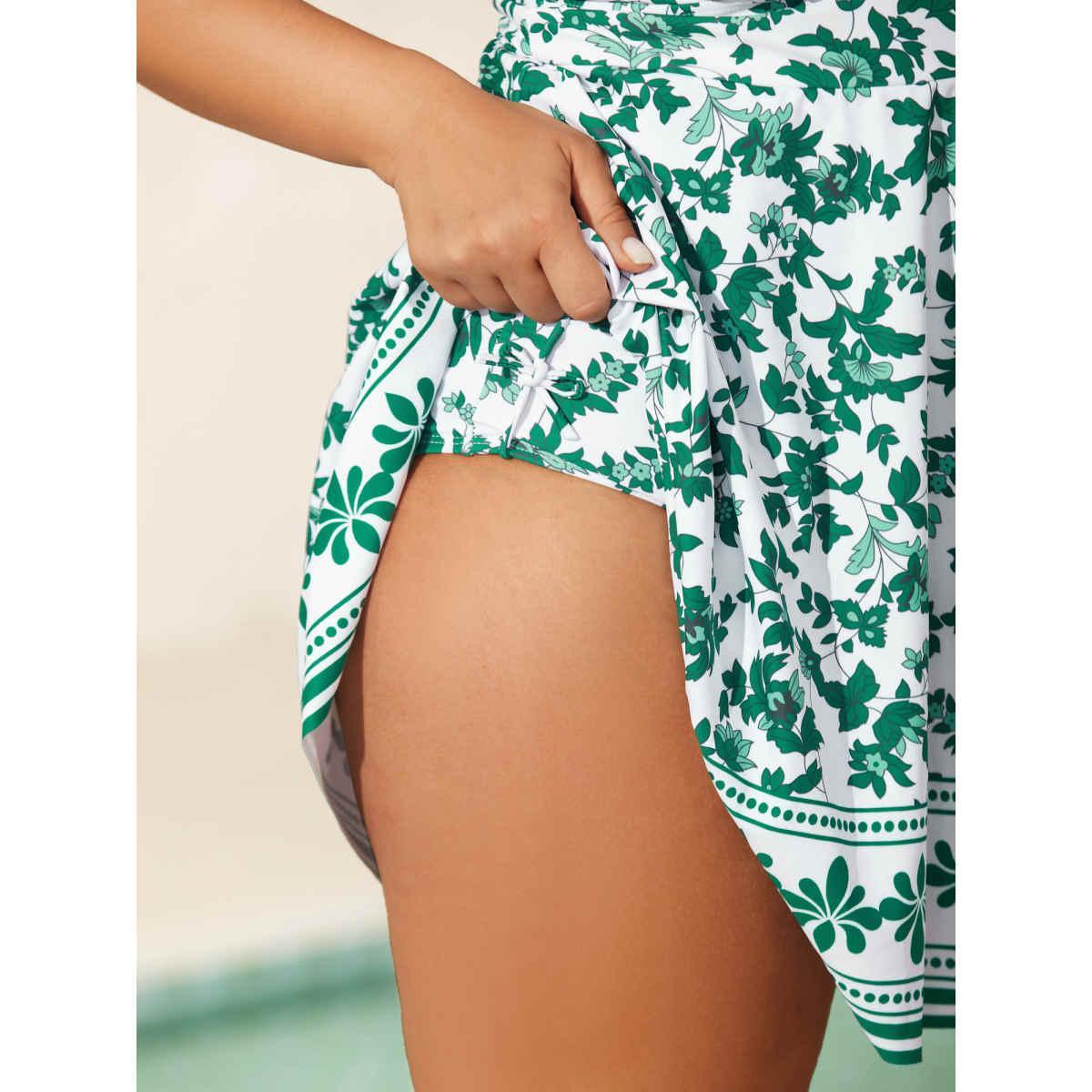 Plus Size Anti-Float Tie Floral Swim Dress Women's Swimwear DarkGreen Beach Bodycon Overlap Collar High stretch Curve Swim Dresses BloomChic 30/6X Product Image