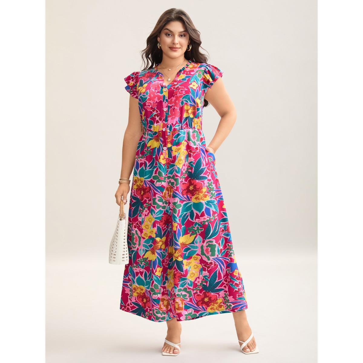 Plus Size RedViolet Sunkissed Floral Print Button Wide-Leg Jumpsuit Women Cap Sleeve Notched collar Vacation Loose Jumpsuits BloomChic 14-16/1X Product Image