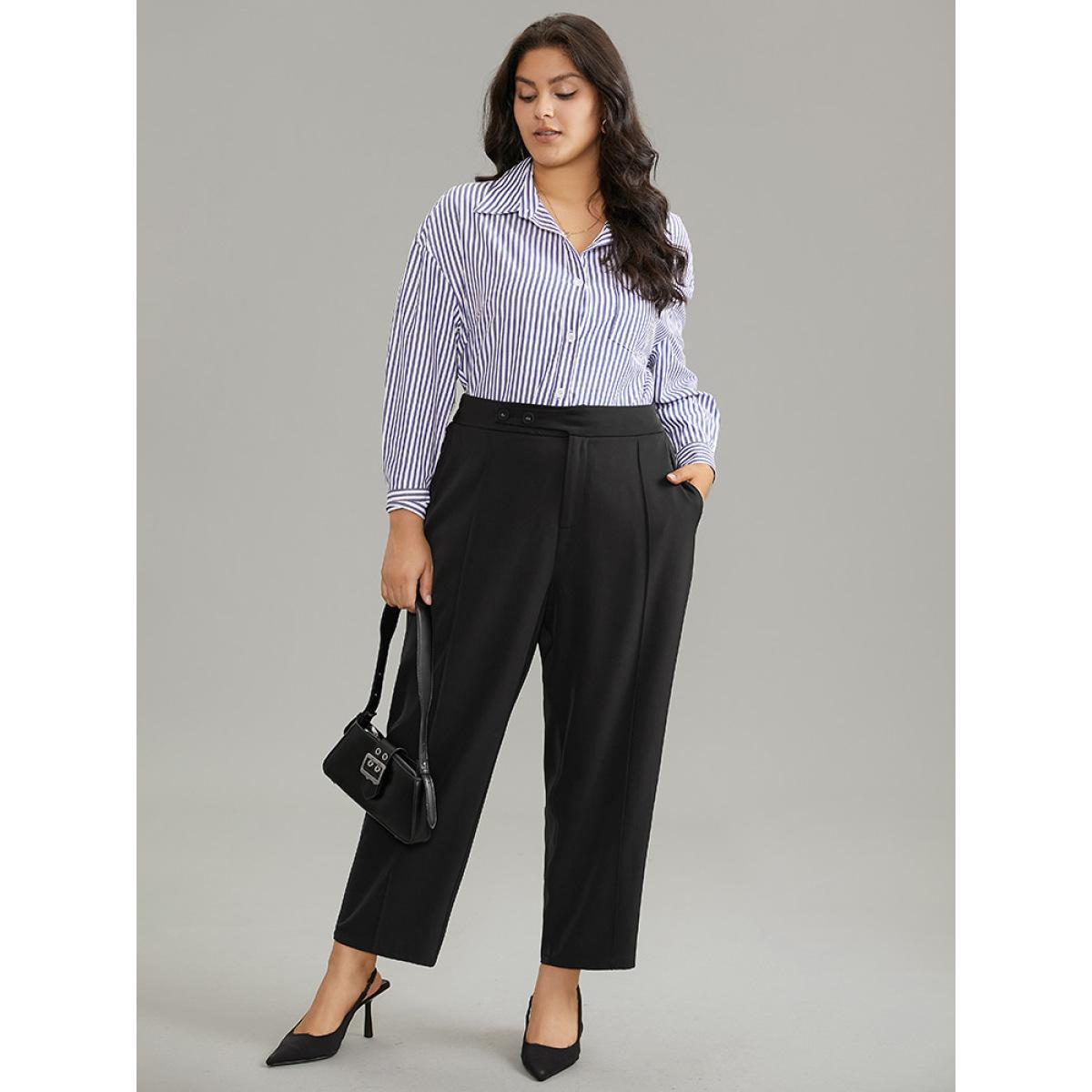 Plus Size Plain Elastic Waist Pleated Button Detail Pants Women Black Office High Rise Work Pants BloomChic 30/6X Product Image