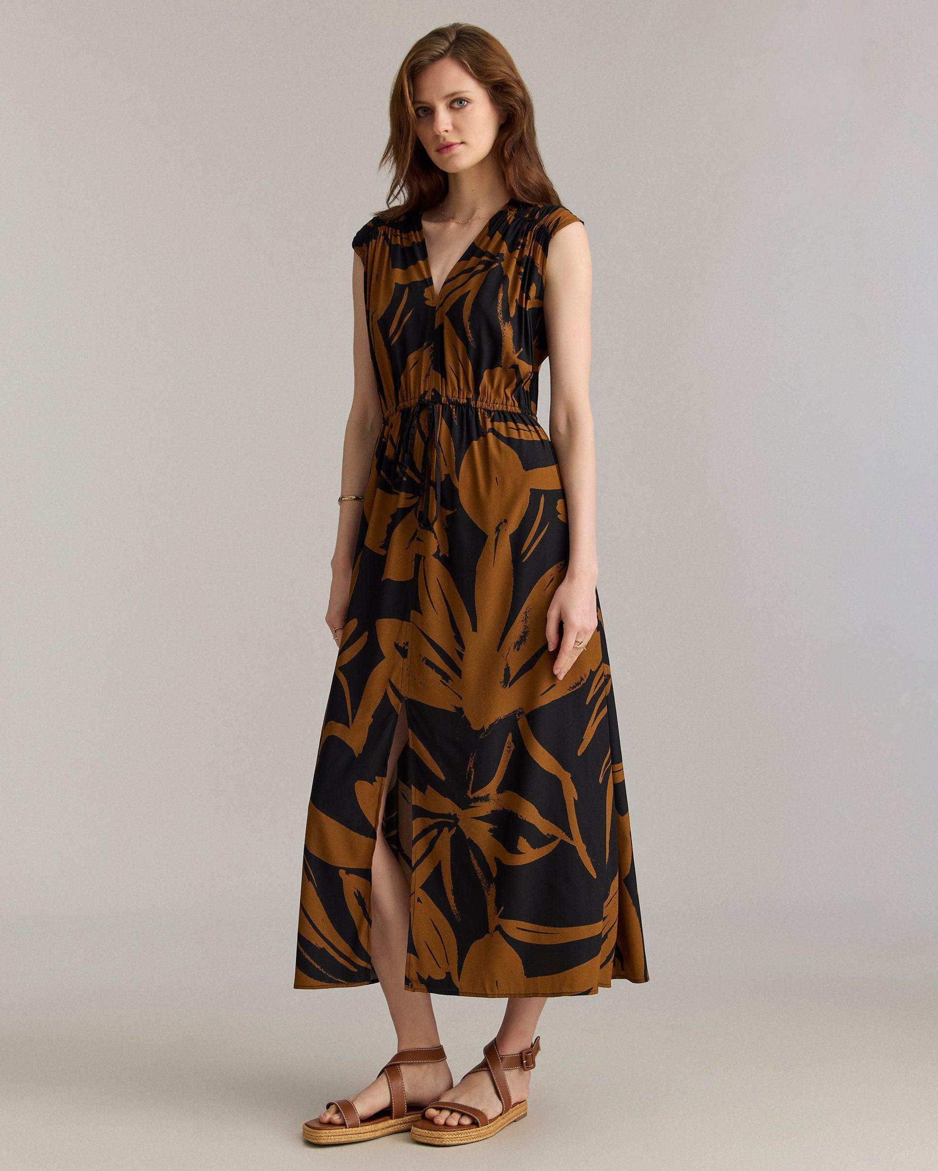 Silk Brush Stroke V-Neck Maxi Dress -  Product Image