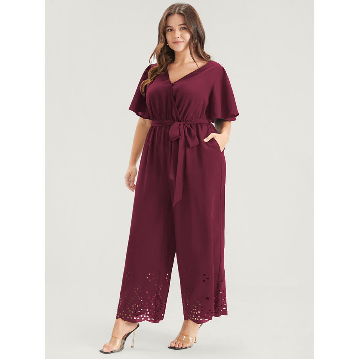 Plus Size Maroon Plain Scalloped Pocket Ruffles Button Belted Laser Cut Wrap Jumpsuit Women Elegant Short sleeve V-neck Dailywear Loose Jumpsuits BloomChic 12/L Product Image