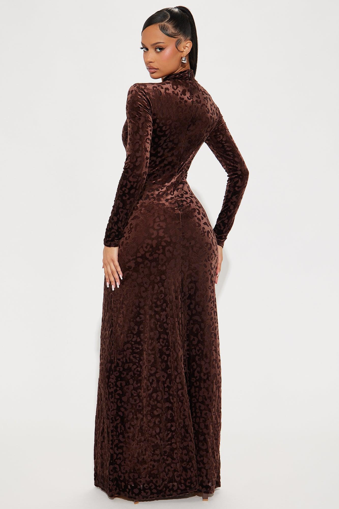 Kiera Leopard Velvet Mesh Maxi Dress - Brown Product Image