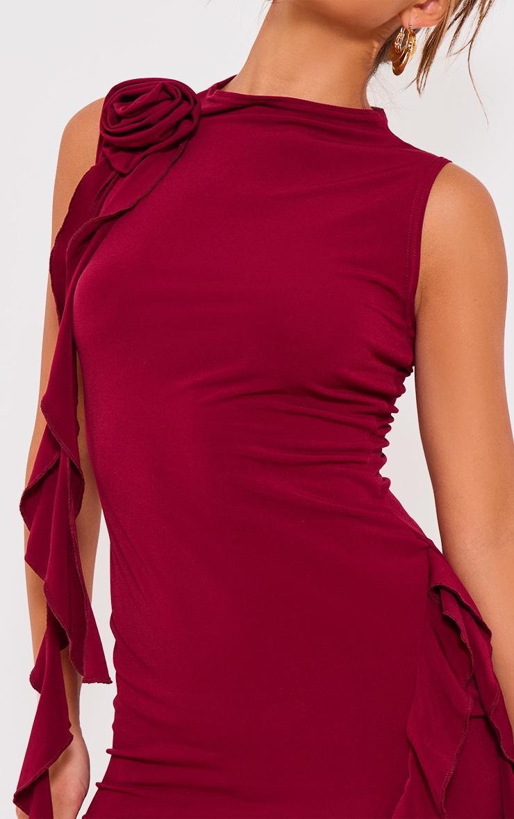 Cherry Red Rose Detail Ruffle Bodycon Dress Product Image