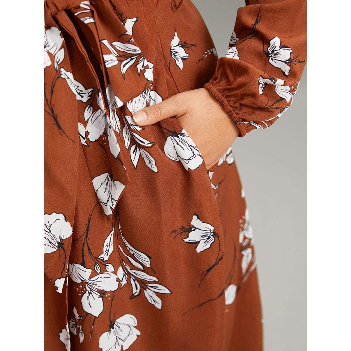 Plus Size Floral Print Wrap Hem Ties Dress Rust Women Elegant Elastic cuffs Overlap Collar Long Sleeve Curvy Midi Dress BloomChic 30/6X Product Image
