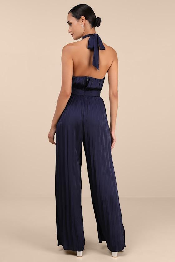 Confident Impression Navy Satin Pleated Halter Jumpsuit Product Image