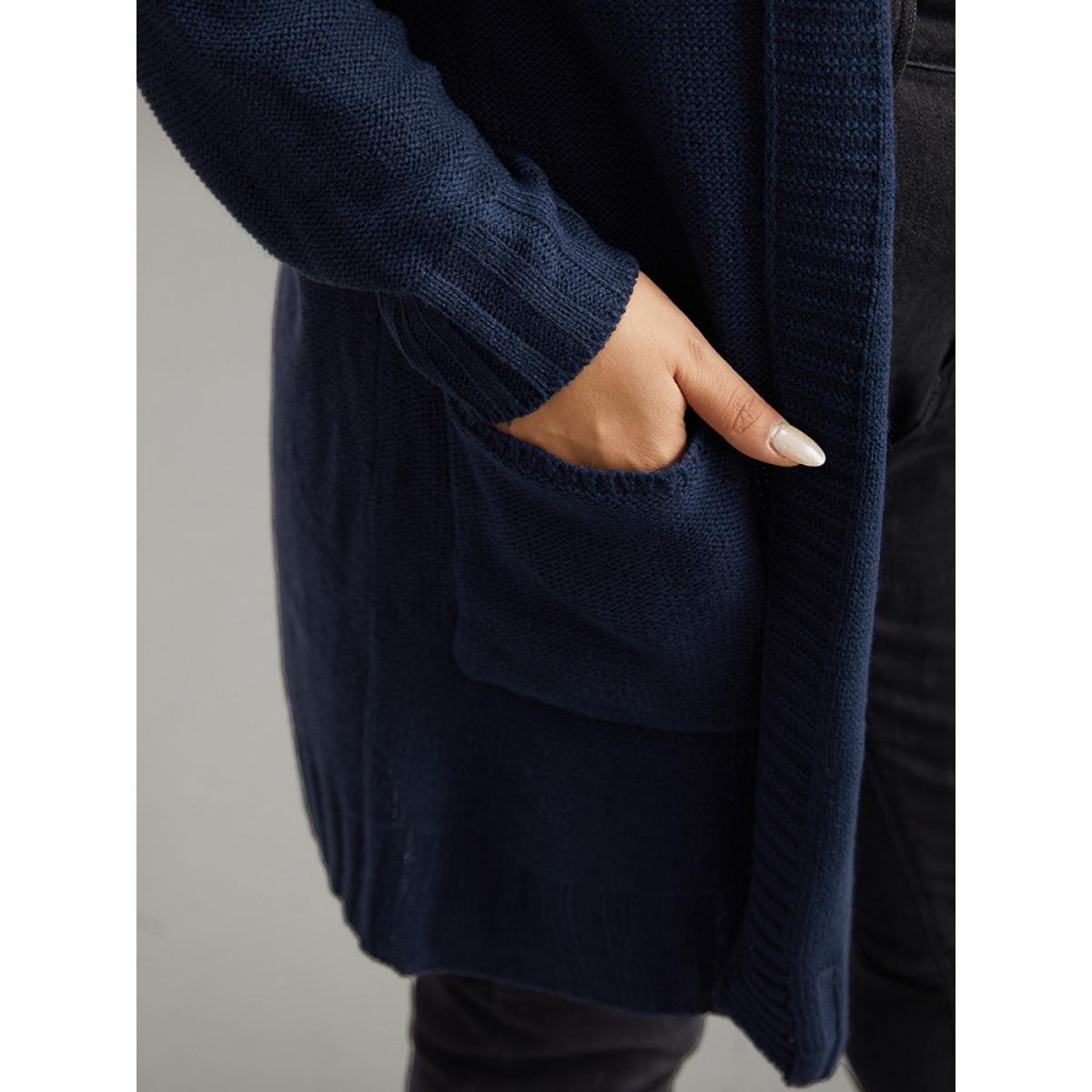 Plus Size Plain Texture Pocket Hooded Cardigan Aegean Women Casual Loose Long Sleeve Dailywear Cardigans BloomChic 12/L Product Image