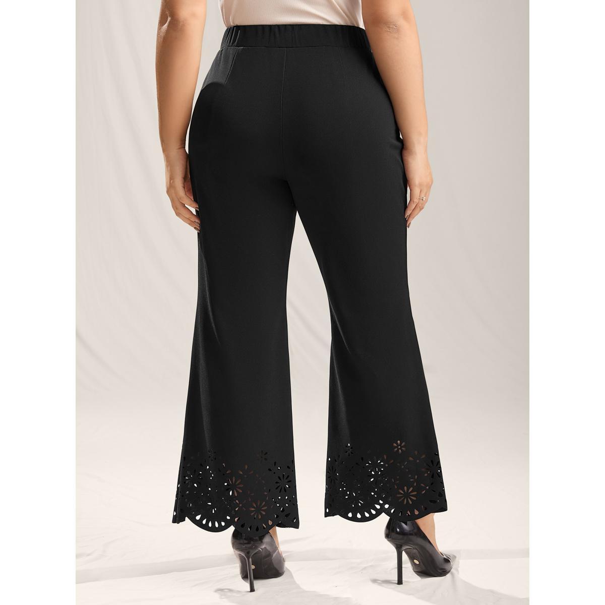 Plus Size Scalloped Laser Cut Bootcut Pants Women Black Elegant Bootcut Mid Rise Everyday-Elegant Pants BloomChic 18-20/2X Product Image