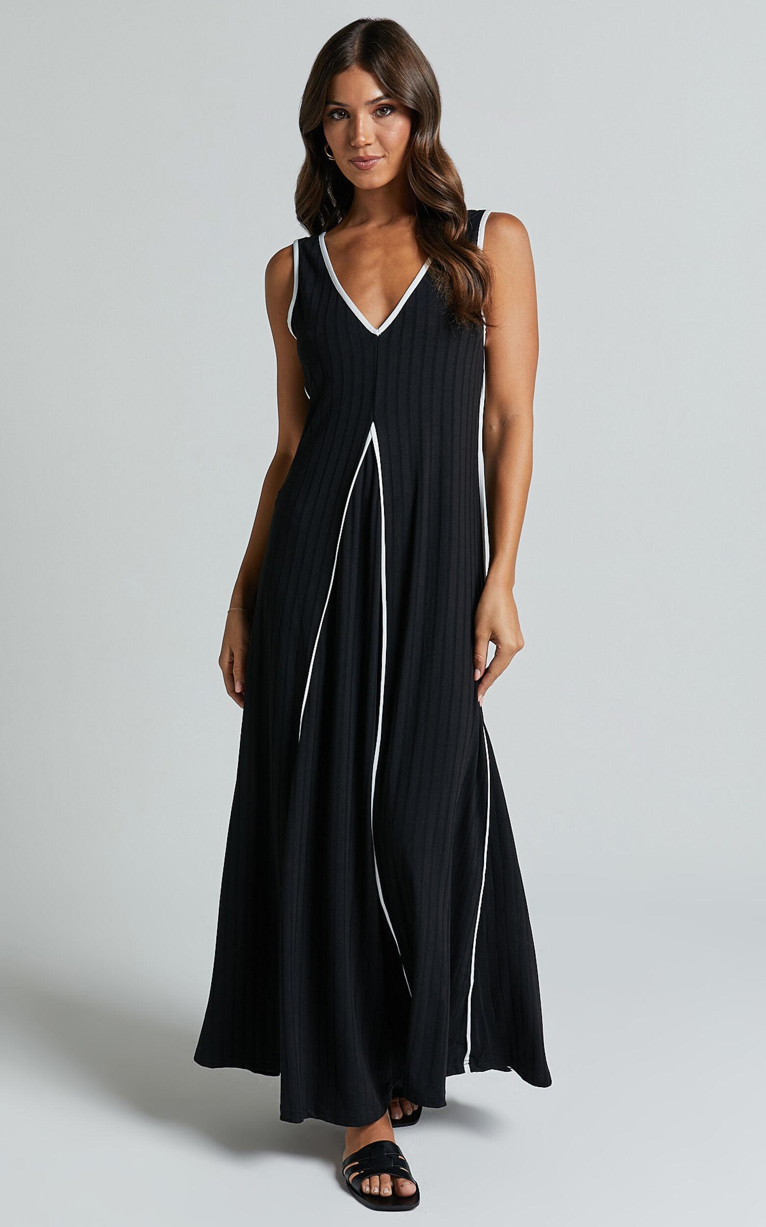 Cathleen Midi Dress - Ribbed Sleeveless Low Back Dress in Black Product Image