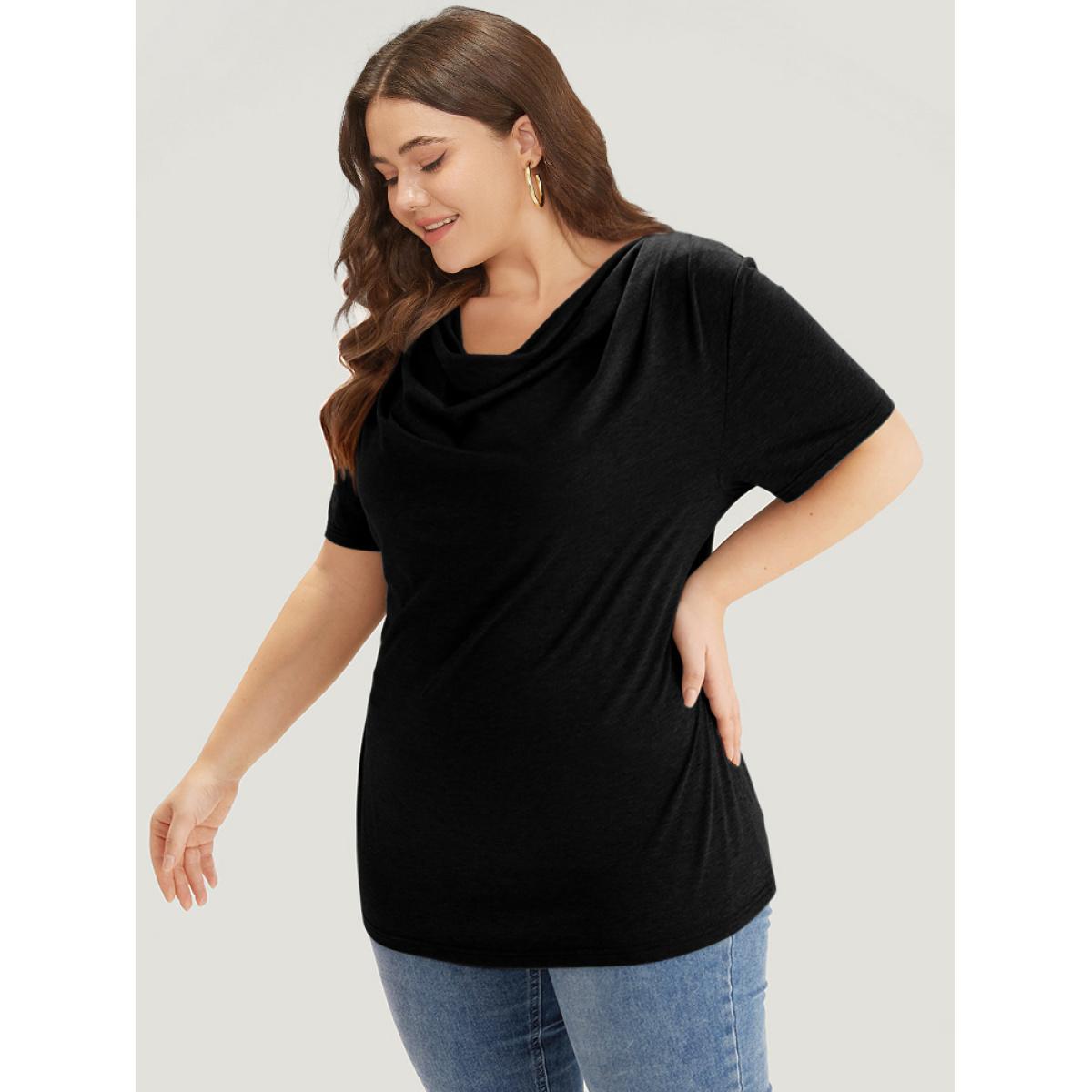 Plus Size Solid Heather Cowl Neck Flutter Sleeve T-shirt Black Women Elegant Plain Plain Cowl Neck Dailywear T-shirts BloomChic 10/M Product Image