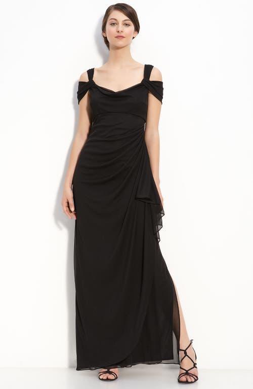 Alex Evenings Exposed Shoulder Draped Neck Cap Sleeve Ruched Waterfall Hem Mesh Gown Product Image